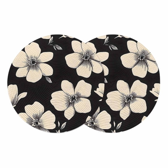 Beige Flowers Round 13 Inch Placemats Set of 2, Vintage Elegant Floral Silhouette HeatResistant Non Slip Place Mats for Dining Table, Wipeable Braided Kitchen Table Mats for Housewarming