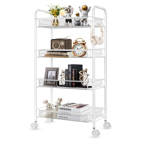 4-Tier Wire Mesh Utility Cart, Rolling Cart Storage Trolley with 4 Hooks, Slide Out Shelving Units for Kitchen Bathroom Laundry Room