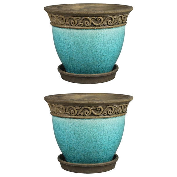 DyGTyX Cadiz 8in Diameter Crackled Glazed Ceramic Indoor Outdoor Garden Planter Pot Urn w/Saucer for Flowers, , & Plants, Teal (2 Pack)
