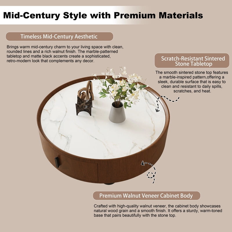 Euroco 35.43 Inch Round Coffee Table with Storage Drawer, Mid-Century Modern Accent Tea Table with Marble-Look Stone Top for Living Room,Home Office,Walnut