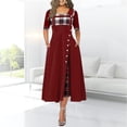 thumbnail image 3 of Robe Femme à Manches Mi-Longues, Imprimé à Carreaux, Détail Boutons, Robe Maxi, Taille Haute, Col Élégant, Robe à Grande Ampleur, 3 of 4