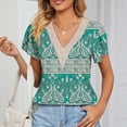 thumbnail image 2 of Blusa estampada de encaje de guipur Blusa de guipur de manga corta con pétalos y escote en V para mujer Citas Fondo verde anacardo XL, 2 of 6