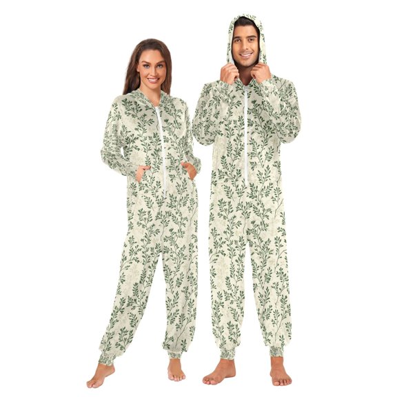 Adult Christmas Onesie Olive Green Branches Adult Zipper One-Piece Pajamas Unisex Pajamas with Pockets
