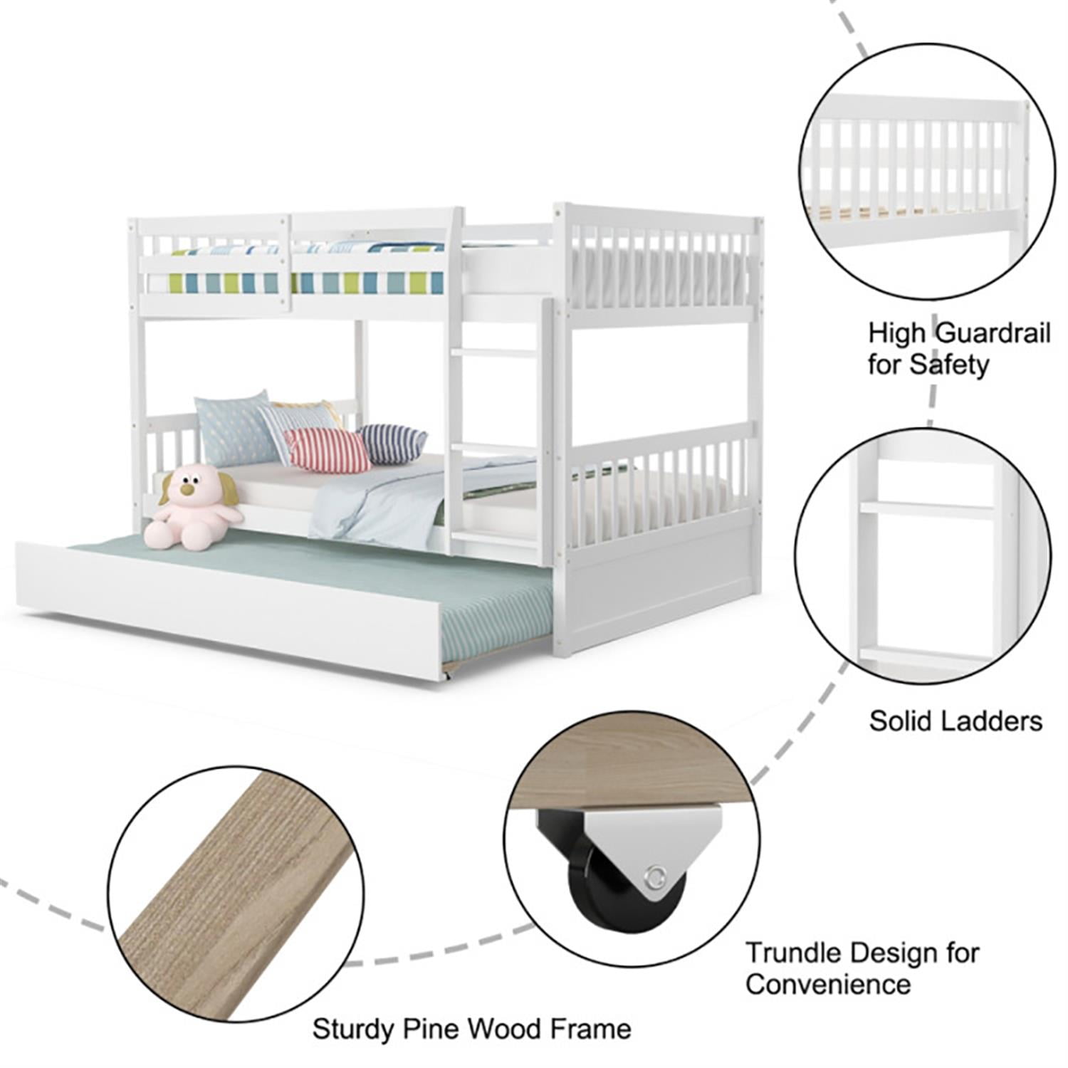 Demi Bonn Bunk Beds Full over Full with Ladder in the Steps and a Full Trundle, Bunk Bed Platform Twin Over Twin, White