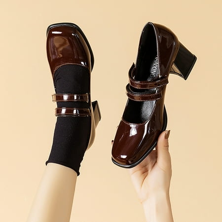 

Cathalem 580 Retro College Square Head Thick Heel Buckle Single Fashion New Shoes Casual Business Shoes for Women A 6.5