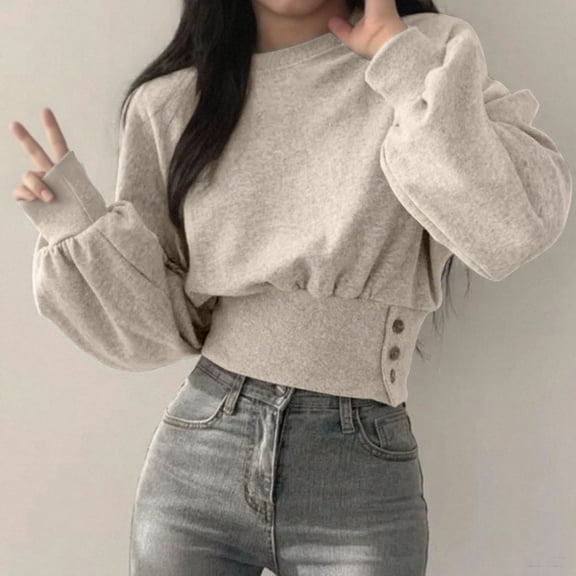 Women Puff Long Sleeve Crop Sweatshirt Solid Color Button Side Crewneck Casual Pullover Tops Trendy Y2K Clothes