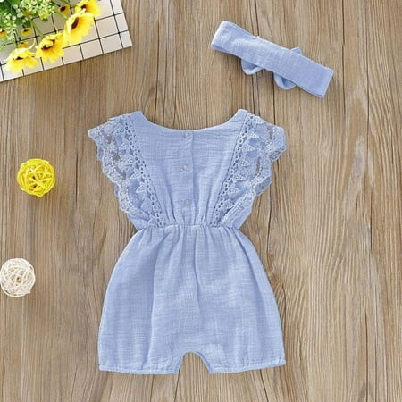 

Summer Newborn Girls Rompers Set Flare Sleeve Solid Print Lace Design Bodysuit Jumpsuit With Headband