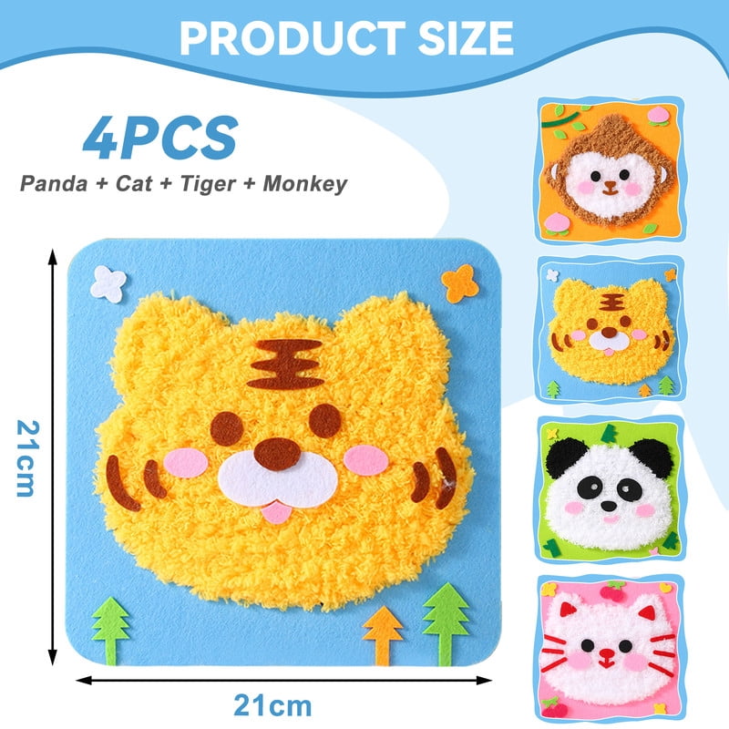 DIY Embroidery Doll Set, 4pcs Cute Cartoon Animal Sewing Craft Kit Sewing Projects Yarn Board (Panda + Cat + Tiger + Monkey)