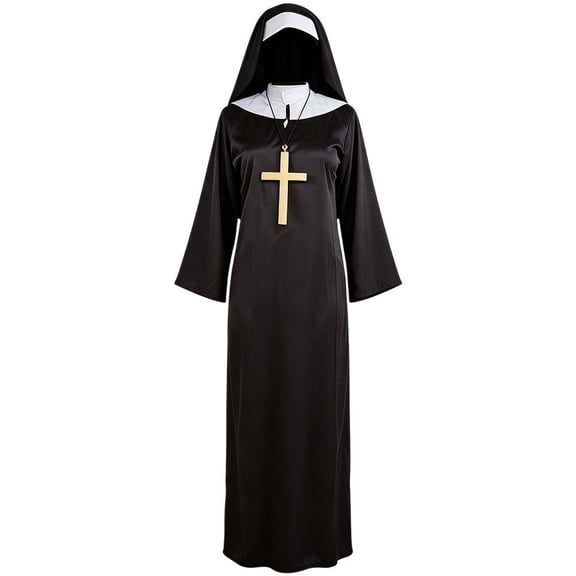 Jiibva Womens Nun Costume Set Long Robe Headpiece Cross Necklace Black One Size