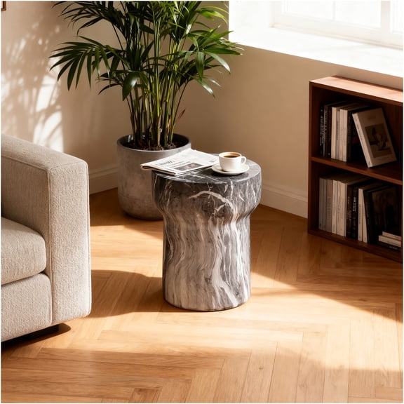 JERFIT Marble Outdoor Side Table, 18" Modern Faux Stone Accent Table Garden Stool for Patio, Deck, Poolside Indoor Outdoor Use Waterproof MGO Drum Table