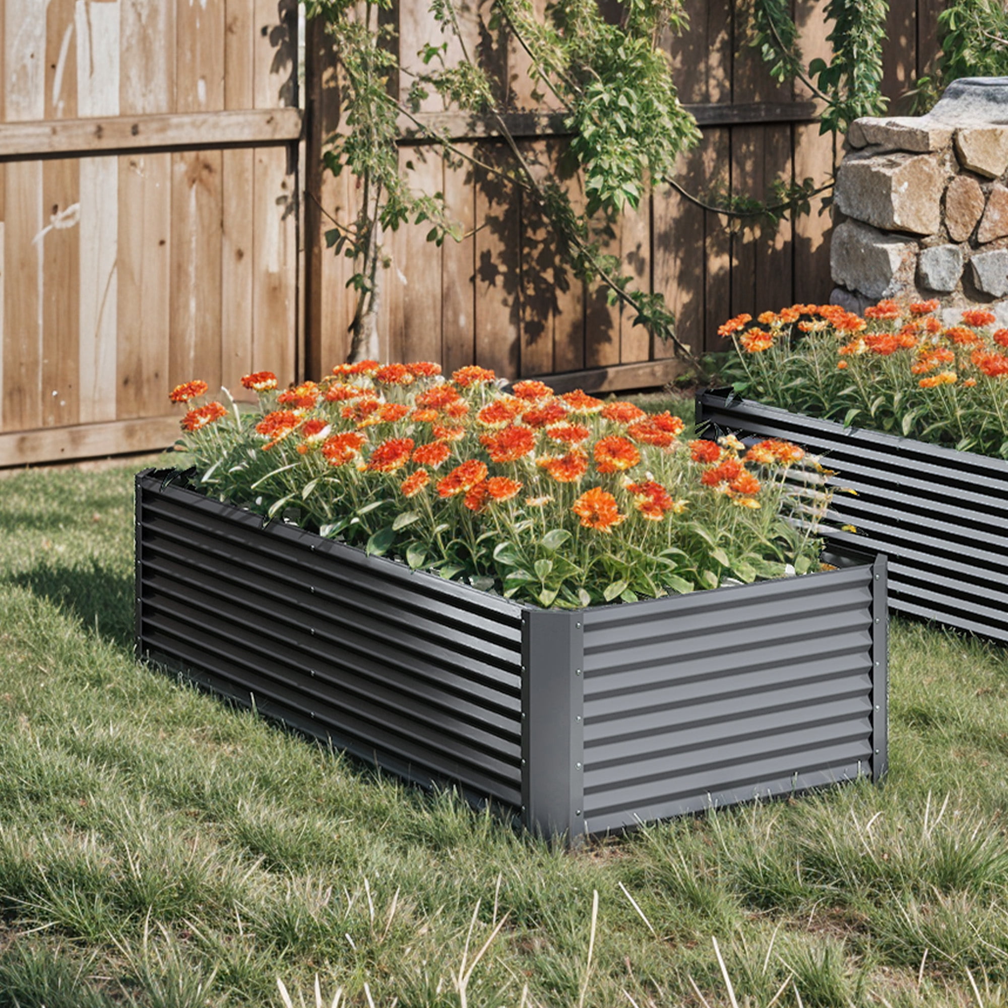 Uforic 2 Pack 8x4x2 ft Black Galvanized Raised Garden Bed Kit, Metal Planter Box with Gloves, Ground Nails & Support Rod, Outdoor Above-Ground Planter for Plants, Vegetables, and Flowers