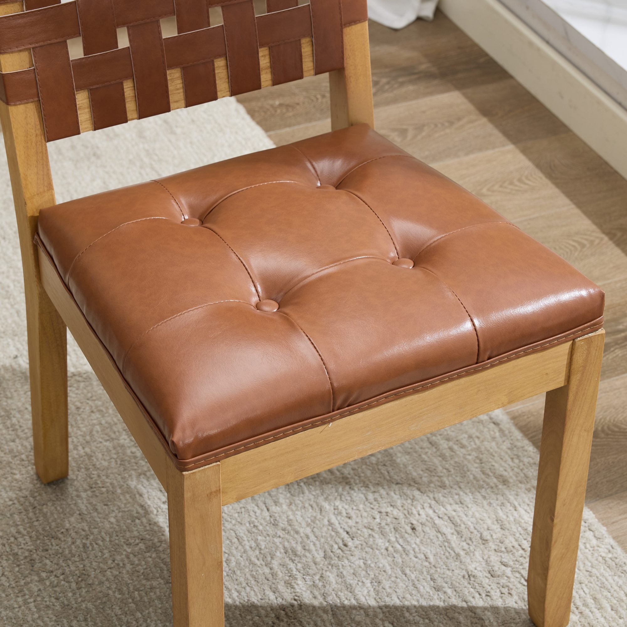2-Piece Woven Backrest Dining Chairs, Mid‑Century Modern Armless Kitchen Chairs, PU Leather Upholstered Seat Accent Side Chair