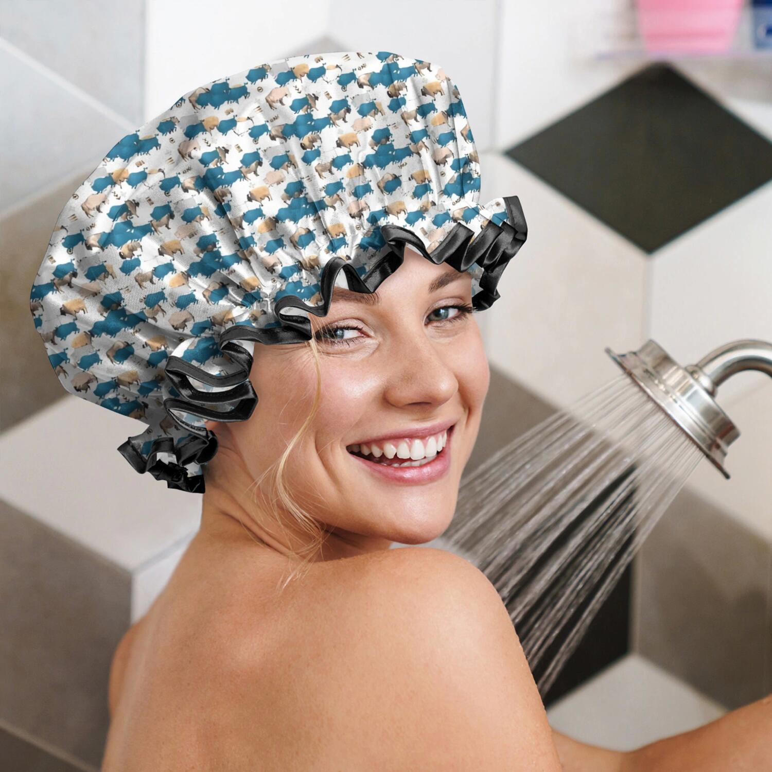 Shower Caps,White Buffalo Pattern Waterproof Shower Cap for Women 4 Pieces,Double Reusable Hair Cover for Shower PEVA Elastic Stretch Hem