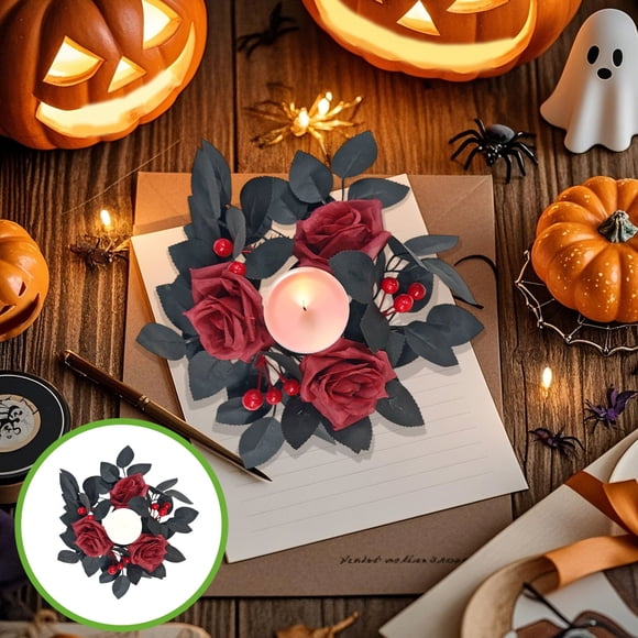 Corona de Velas con Forma de Hojas de Rosa Artificial Negra para Halloween | Círculos Decorativos | Decoración de Mesa | Plástico | 28 Cm | 1 Unidad