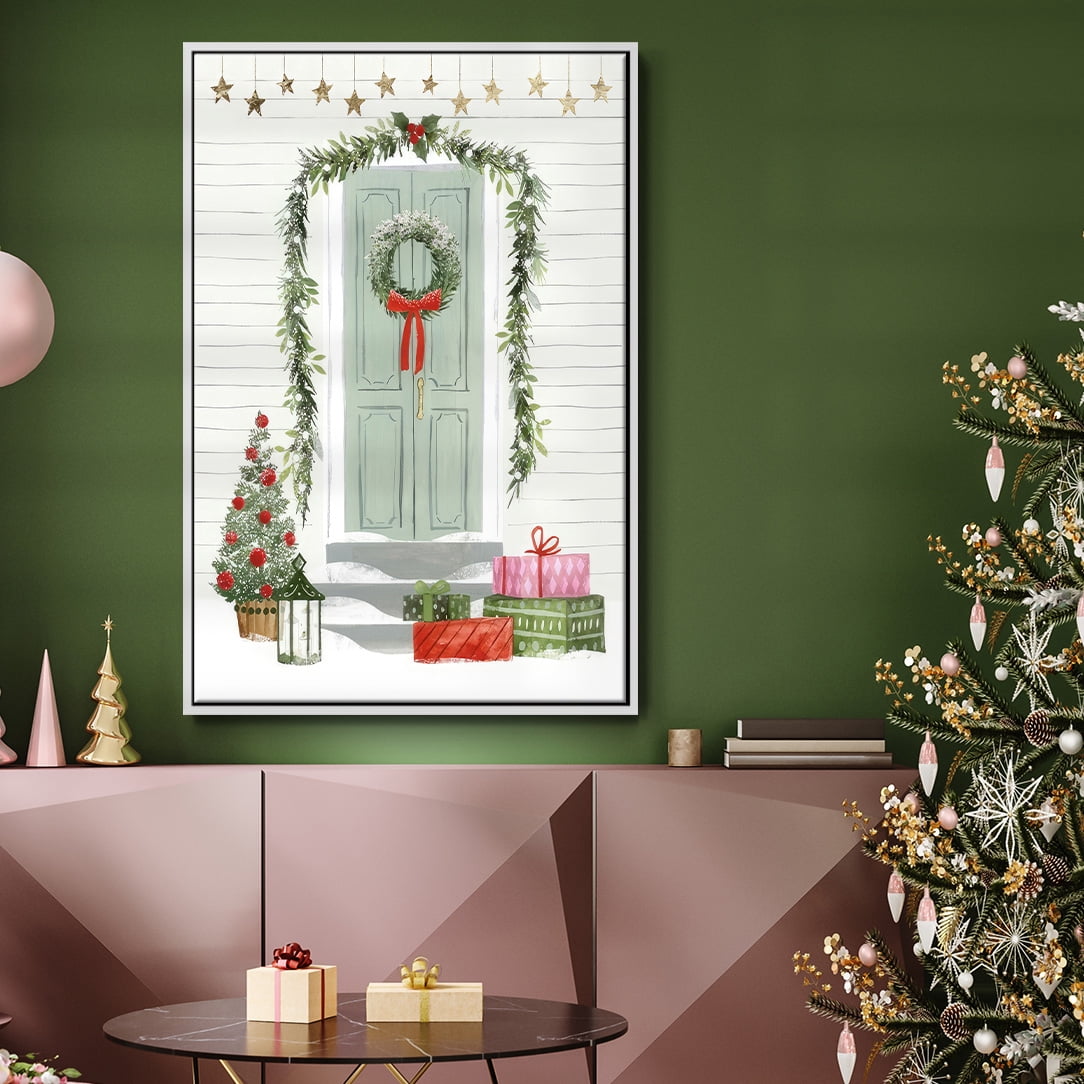 Festive Front Door I - Framed Gallery Wrapped Holiday Canvas - 25 x 37 - White Frame