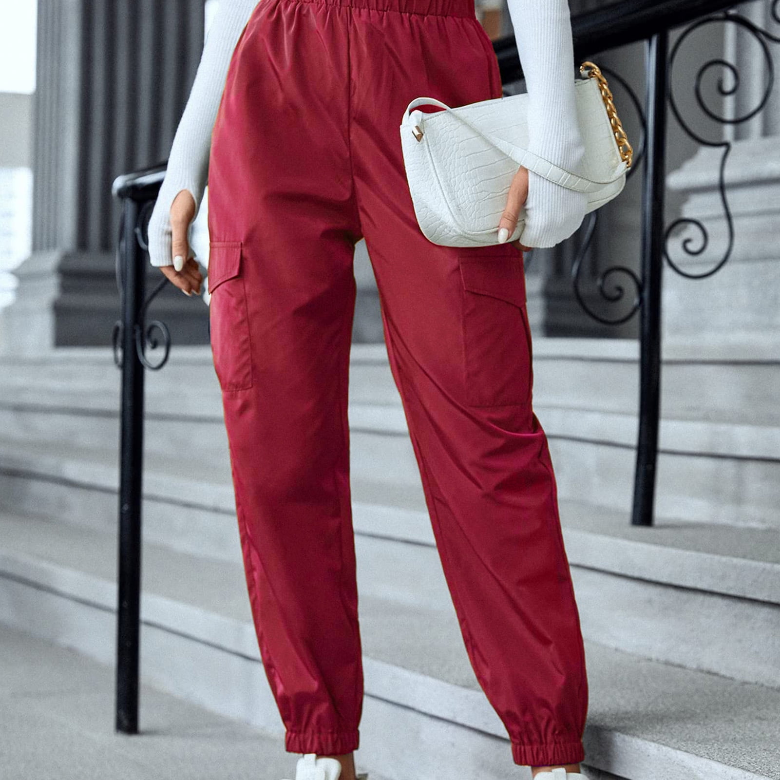 Womens Joggers Ankle Cuff Cargo Pocket Elastic Pure Color High Waist Women Sweatpants for Party Sports Office Wine Red S Walmart