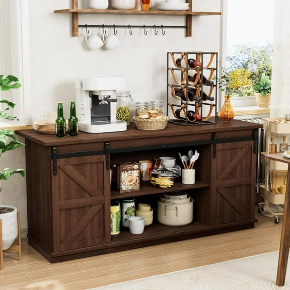 Shahoo Farmhouse Sideboard Buffet Cabinet, Coffee Bar Storage with Sliding Barn Doors, Shelf for Home Dining Room, Espresso