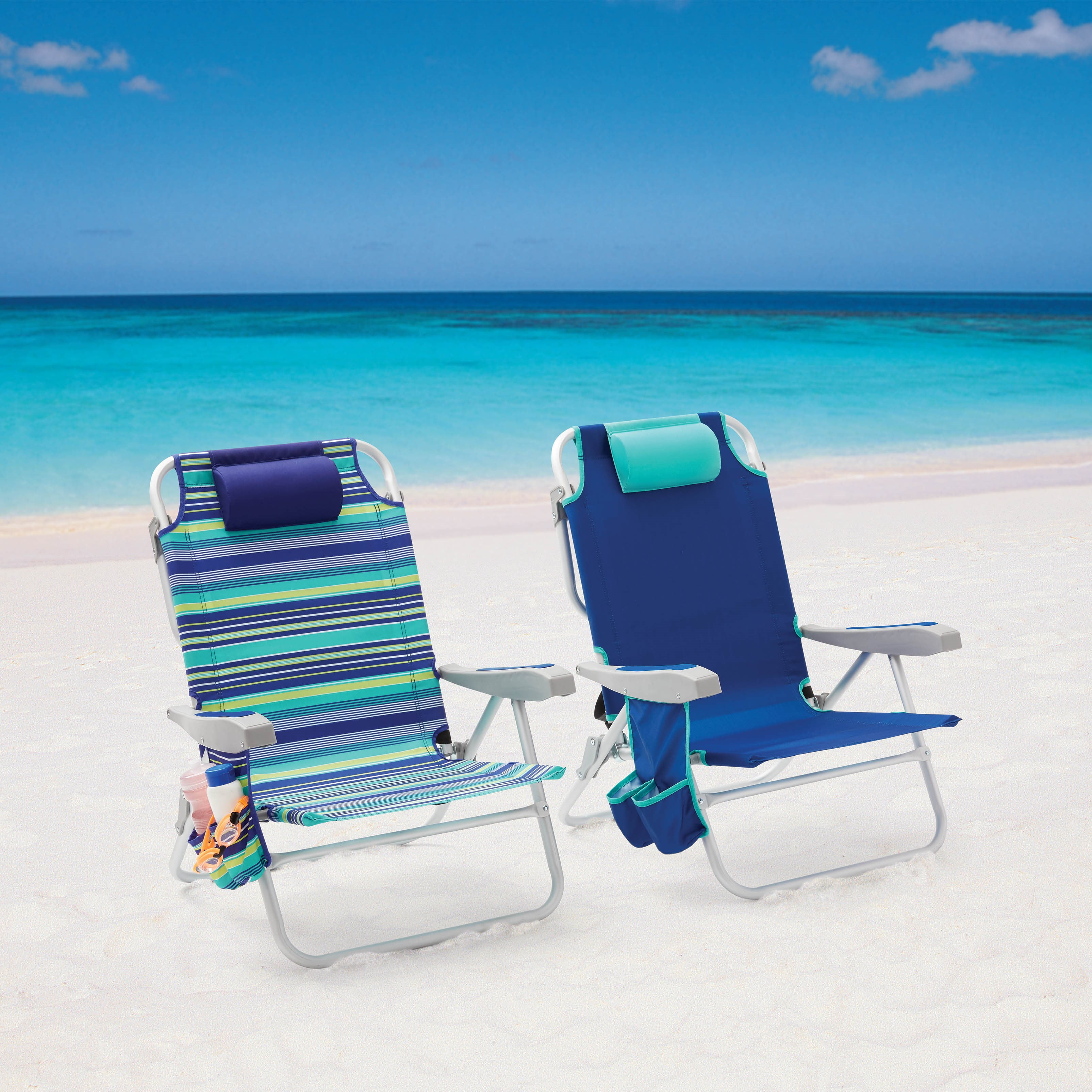 Mainstays Reclining Blue Green Stripe Beach Event Backpack Chair Walmart Com Walmart Com