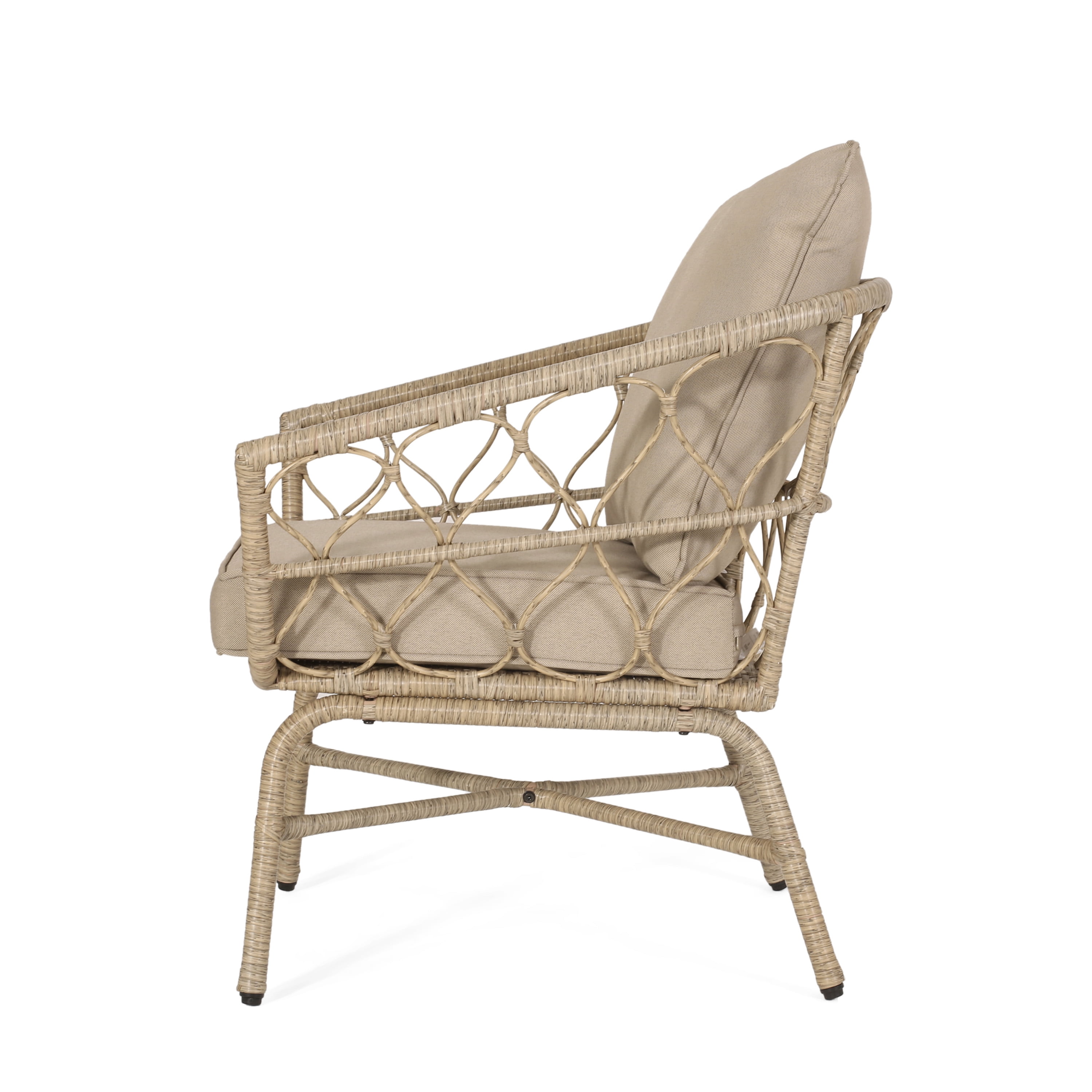 3-Piece Outdoor Bistro Chat Set with Light Brown PE Rattan and Beige Cushions, 2 Armchairs and Round Side Table for Patio Garden, Brown