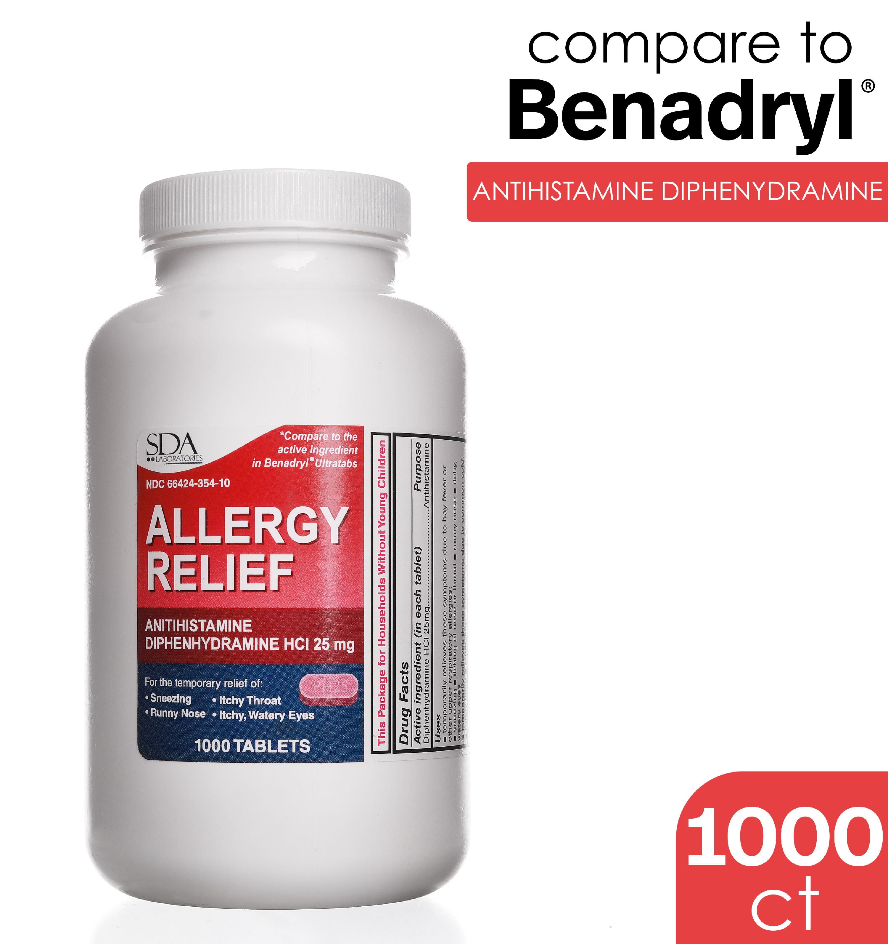 Allergy Relief Diphenhydramine HCl 25mg 1000 Tablets Relief for