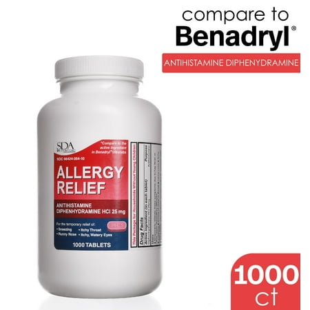 Allergy Relief | Diphenhydramine HCl 25mg 1000 Tablets | Relief for Itchy-Watery Eyes, Sneezing, Runny Nose | Indoor &