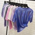 thumbnail image 2 of Yokua Women's Crew Neck Tee Top Loose Short Sleeve T-shirt Nice Shiny Glitter T-shirt, 2 of 20