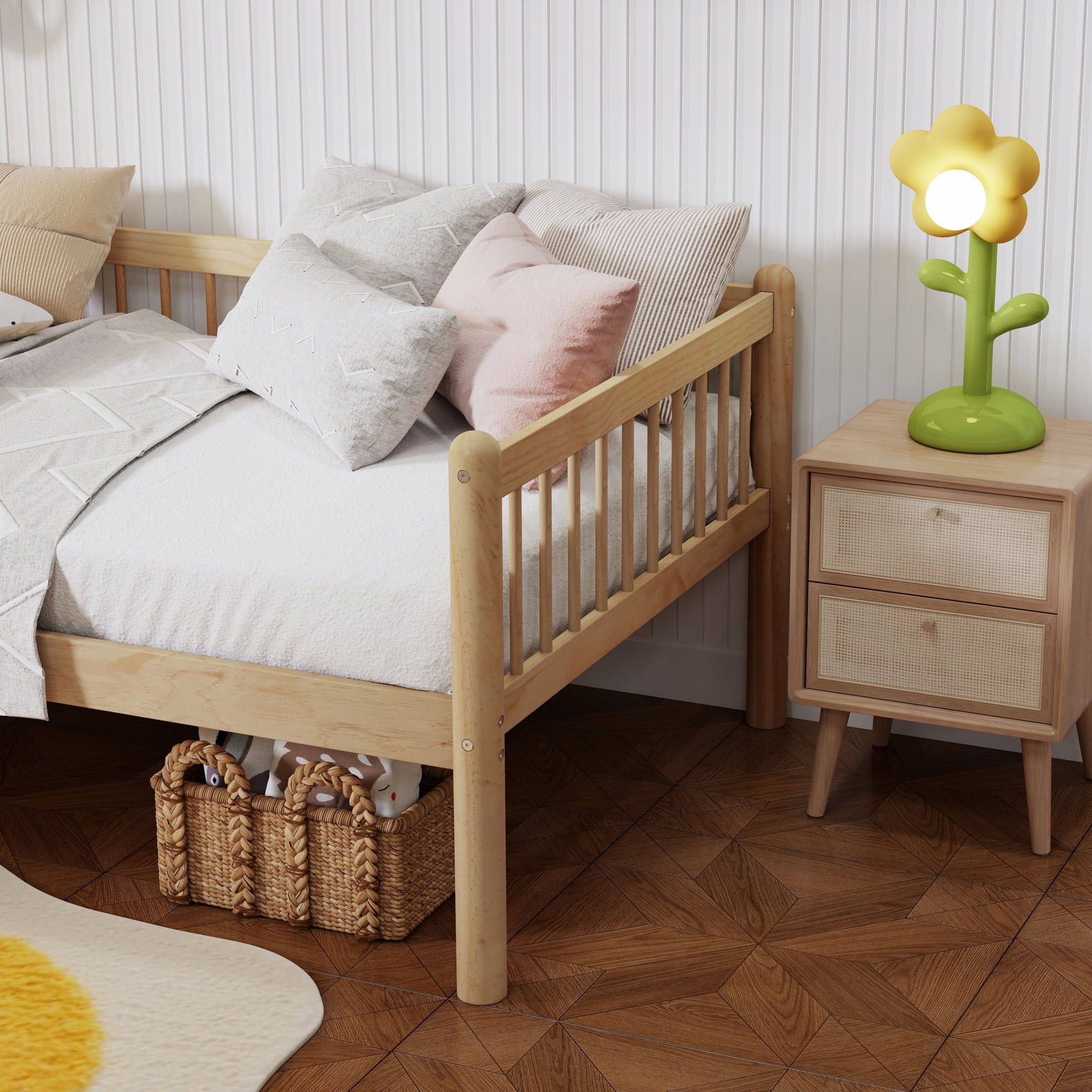 HOQBN Twin Size Pine Wood Daybed, Sofa Bed Frame with 3-Side Guardrails and 10 Support Slats for Bedroom, Natural