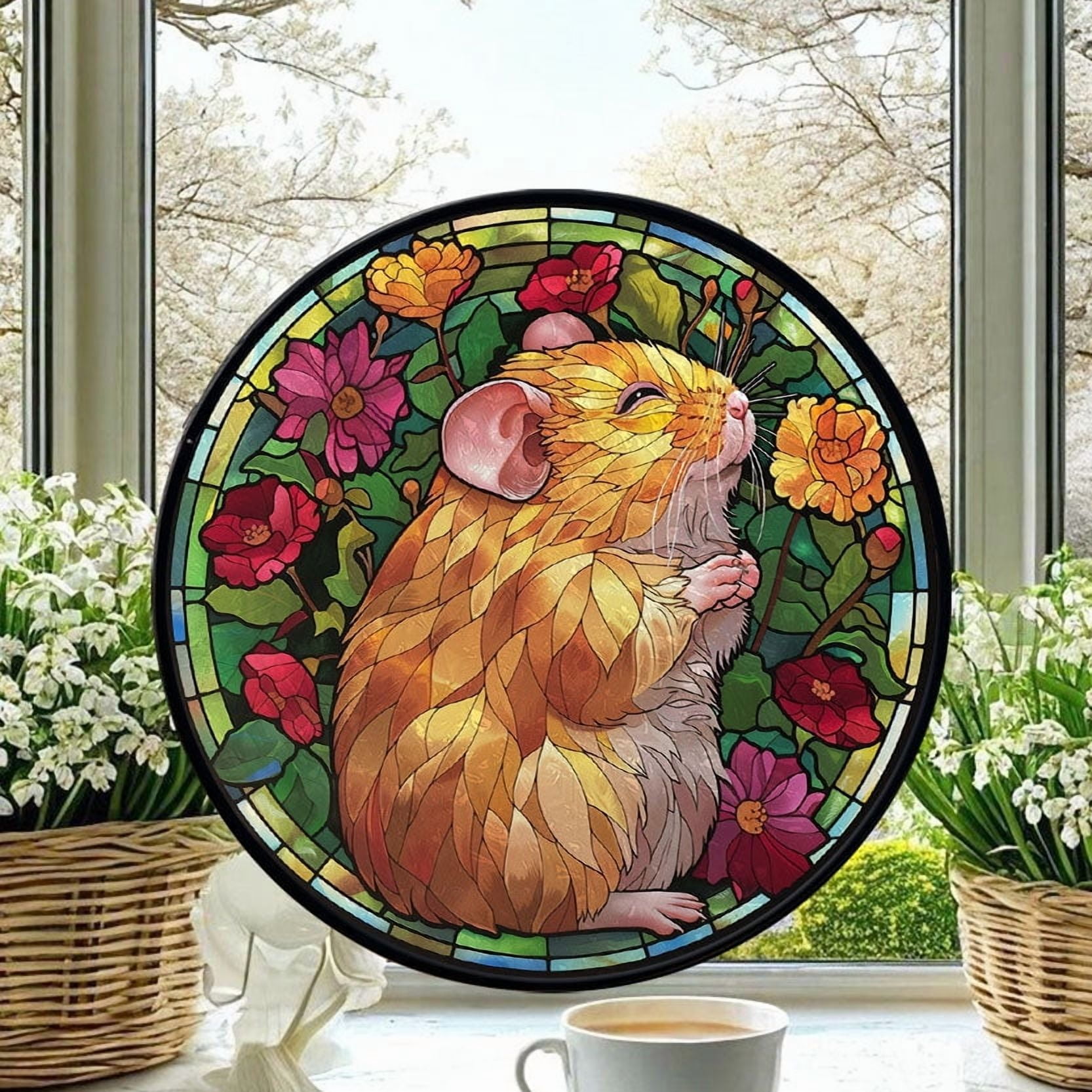 Stained Glass Window Hanging Ecstatic Golden Hamster - Stained Glass Window Hanging Ecstatic Golden Hamster, Festival Gift Ornament, Home Wall & Window Art