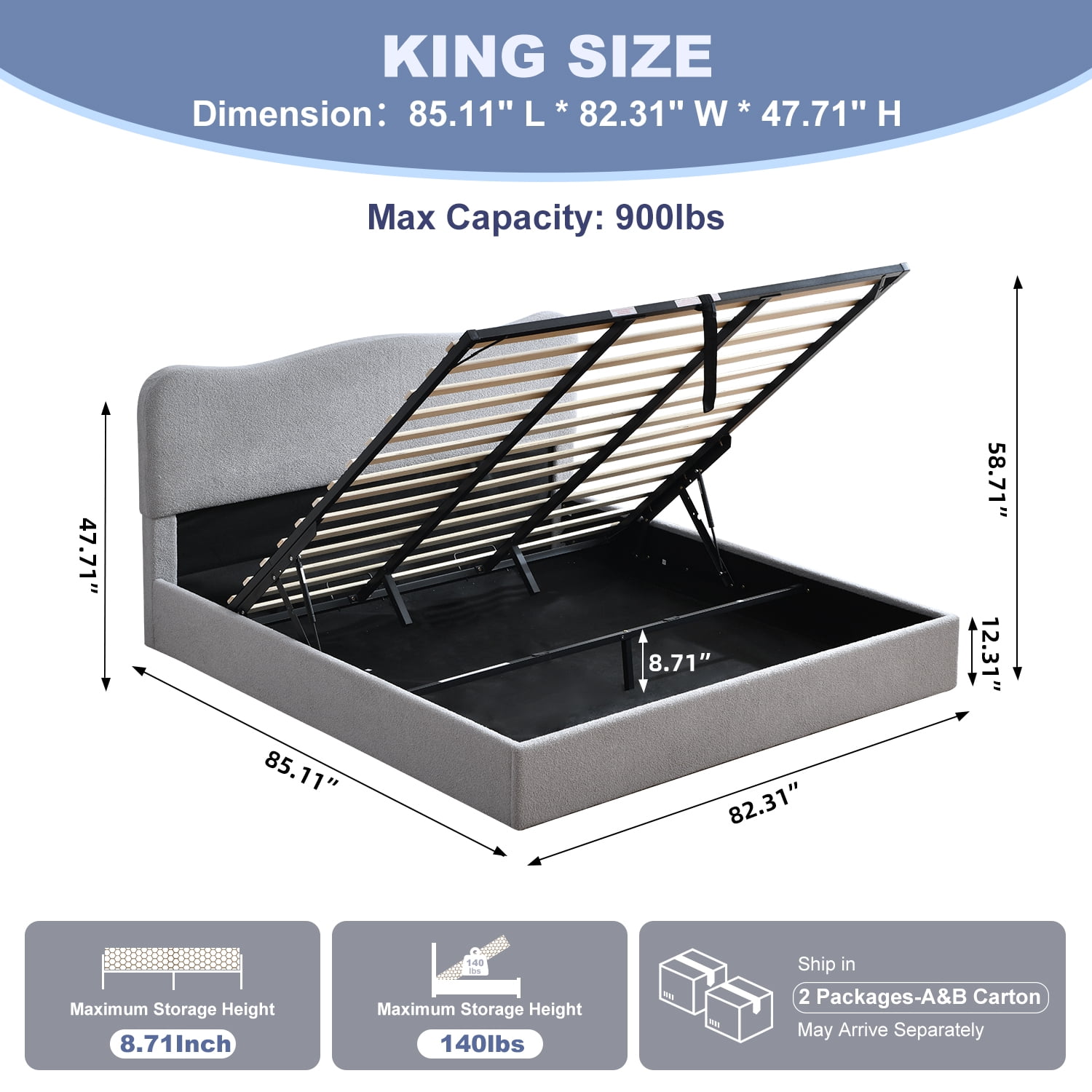 King Size Bed Frame with Lift Up Storage, Boucle Upholstered Platform Bed with Curved Headboard, No Box Spring Needed, Hydraulic Storage, Light Grey