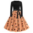 thumbnail image 2 of Halloween Dresses for Women Skeleton Bat Crew Neck 1950s Cocktail Retro Dresses Long Sleeve Hepburn Cute Vintage Dress with Belt L, 2 of 7