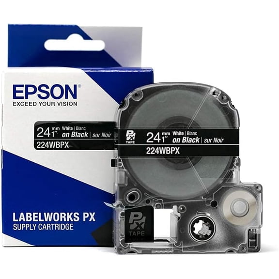 Epson LABELWORKS 224WBPX - White on Black PET Label Maker Tape - 1" (24MM) Wide, 30'