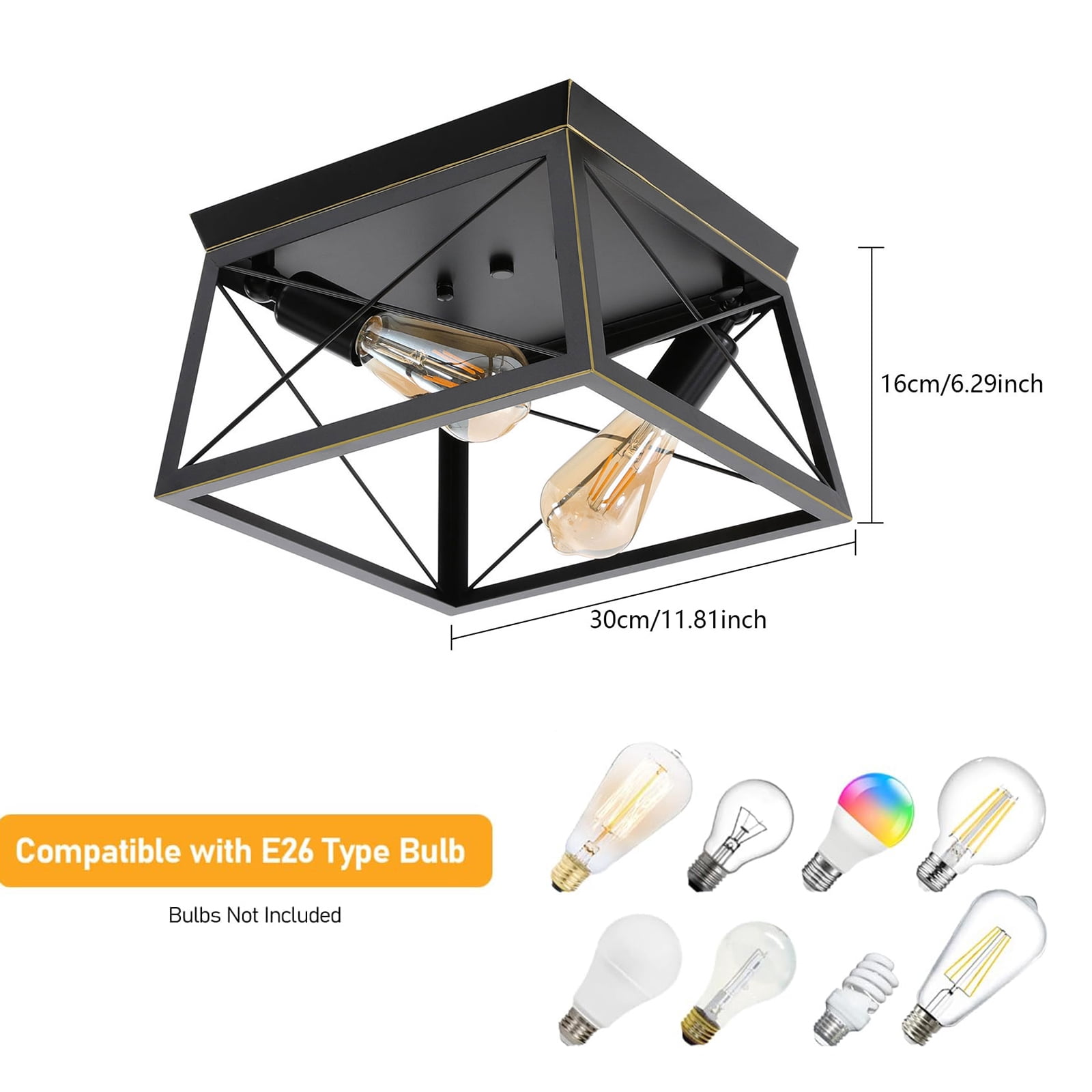 Industrial Flush Mount Ceiling Light Fixture, Ceiling Light 2-Light Close to Ceiling Lamp Metal Housing Farmhouse Square Flush Light Fixture for Hallway Bedroom