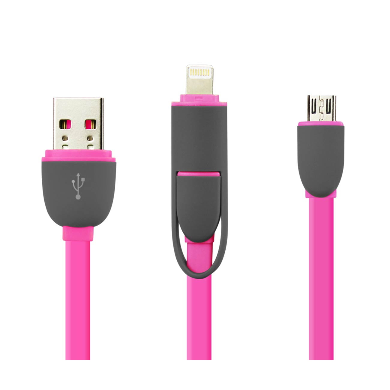 8pin And Micro Usb Flat Cable 3.2ft 2-in-1 Usb Data In Hot Pink