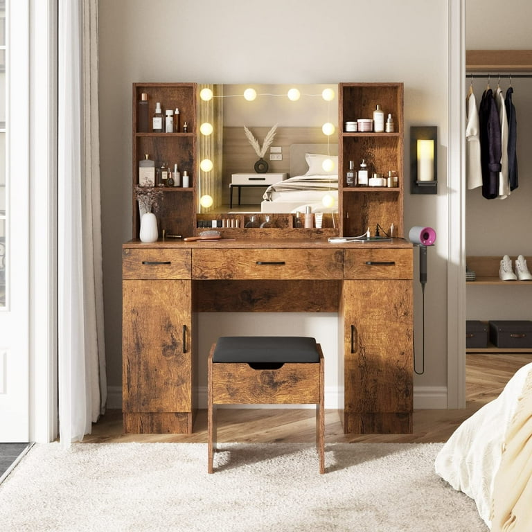 Veanerwood Large Makeup Vanity with Lights, Charging Station, Modern Bedroom Dresser, 45.2 Inches, Brown - Walmart.com Veanerwood Large Makeup Vanity with Lights, Charging Station, Modern Bedroom Dresser, 45.2 Inches, Brown - Walmart.com