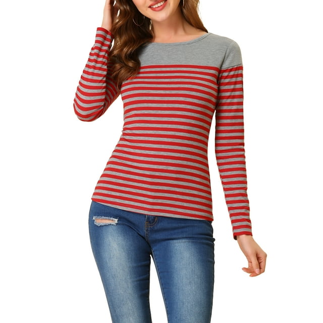INSPIRE CHIC Blouse pour Femme à Rayures à Blocs de Couleur à Manches Longues T-Shirt Décontracté L Rouge Gris