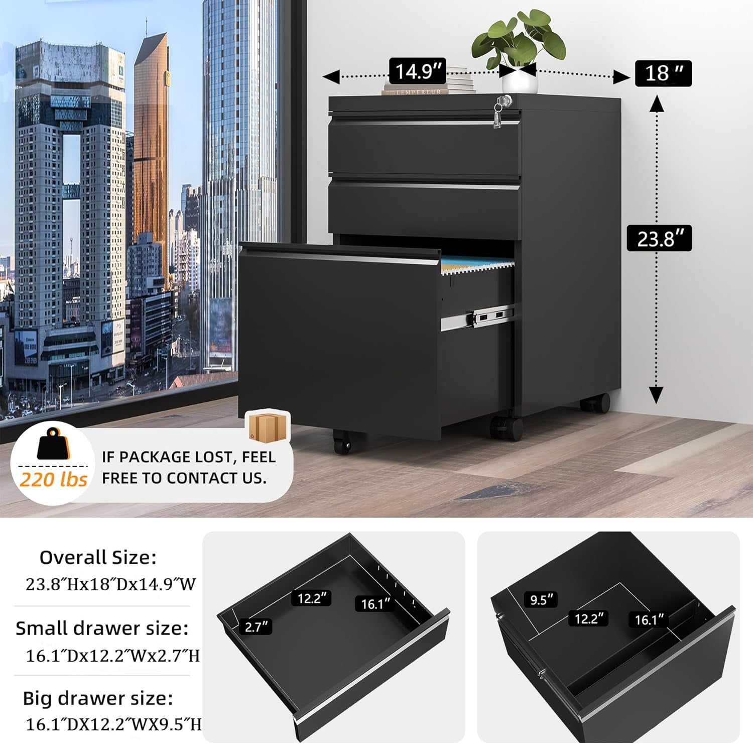 SOLAURA 3 Drawer Mobile File Cabinet with Lock & Wheels, Fully Assembled Rolling Filing Cabinet Except Casters, Under Desk Metal Storage for Office, Fits Legal/Letter/A4 Size(Assembled, Black)