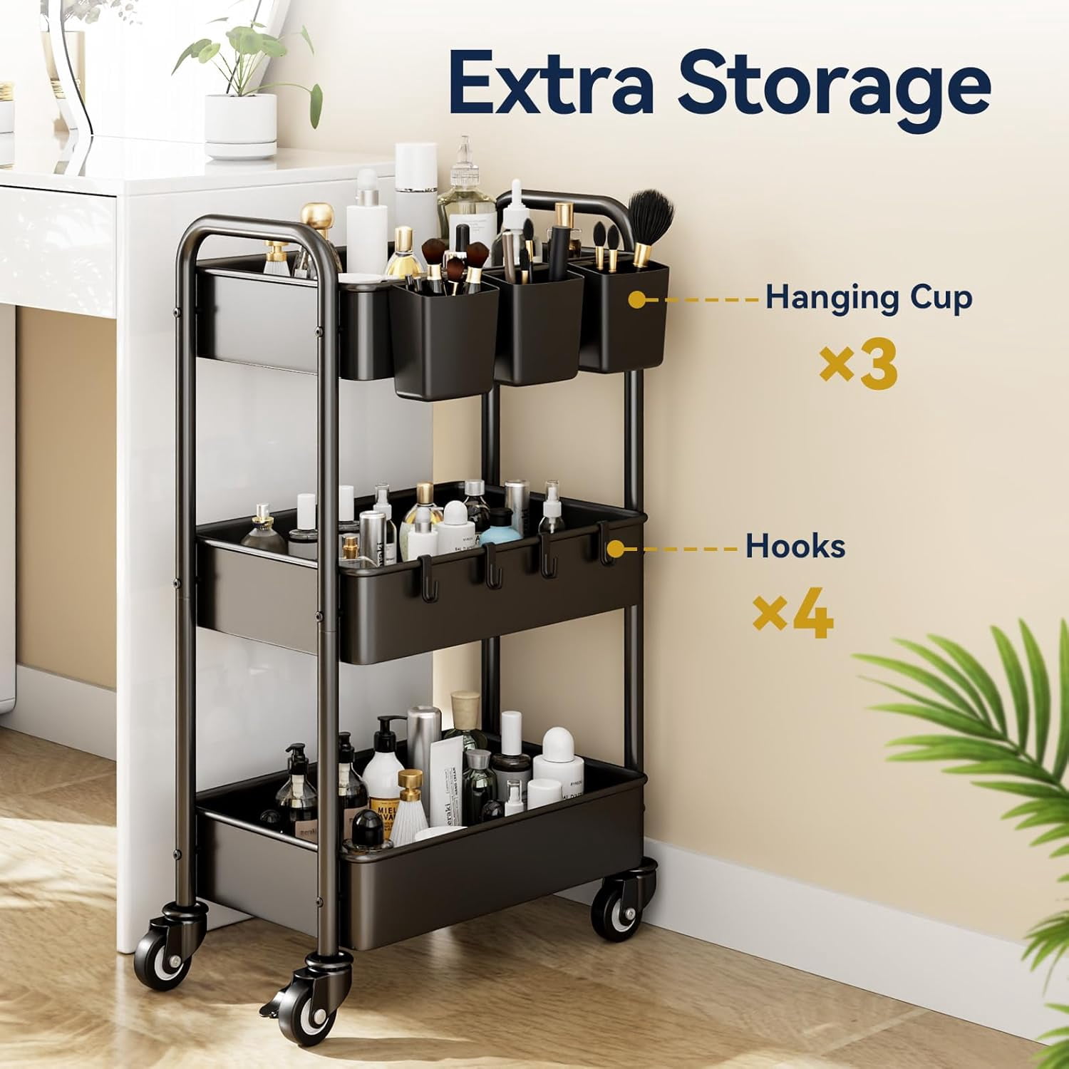 3 Tier Rolling Cart - Metal Utility Cart with 3 Hanging Cups & 4 Hooks, 66LBS Capacity, Mesh Rolling Storage Cart Organizer, Easy Assembly, Rolling Carts with Wheels for Kitchen Office