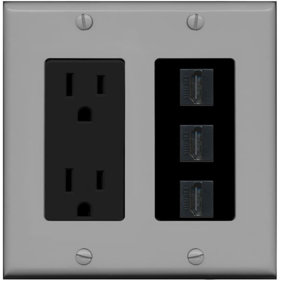 RiteAV - 15 Amp Power Outlet 3 Port HDMI Decora Wall Plate - Gray/Black