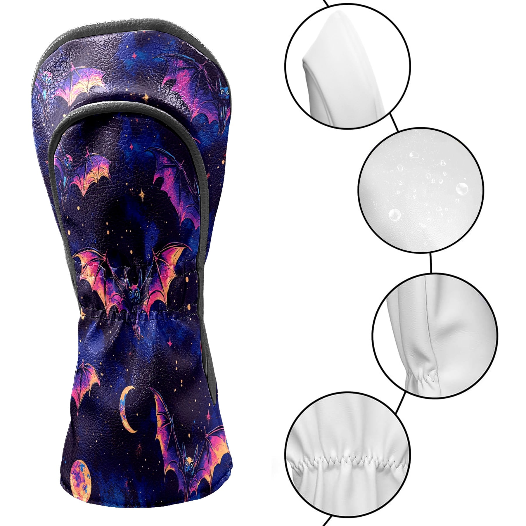 Golf Club Head Covers - Galaxy Purple Bat Design, Premium PU Leather Driver Hybrid Headcovers with Velvet Lining, Waterproof Golf Gifts for Men Women
