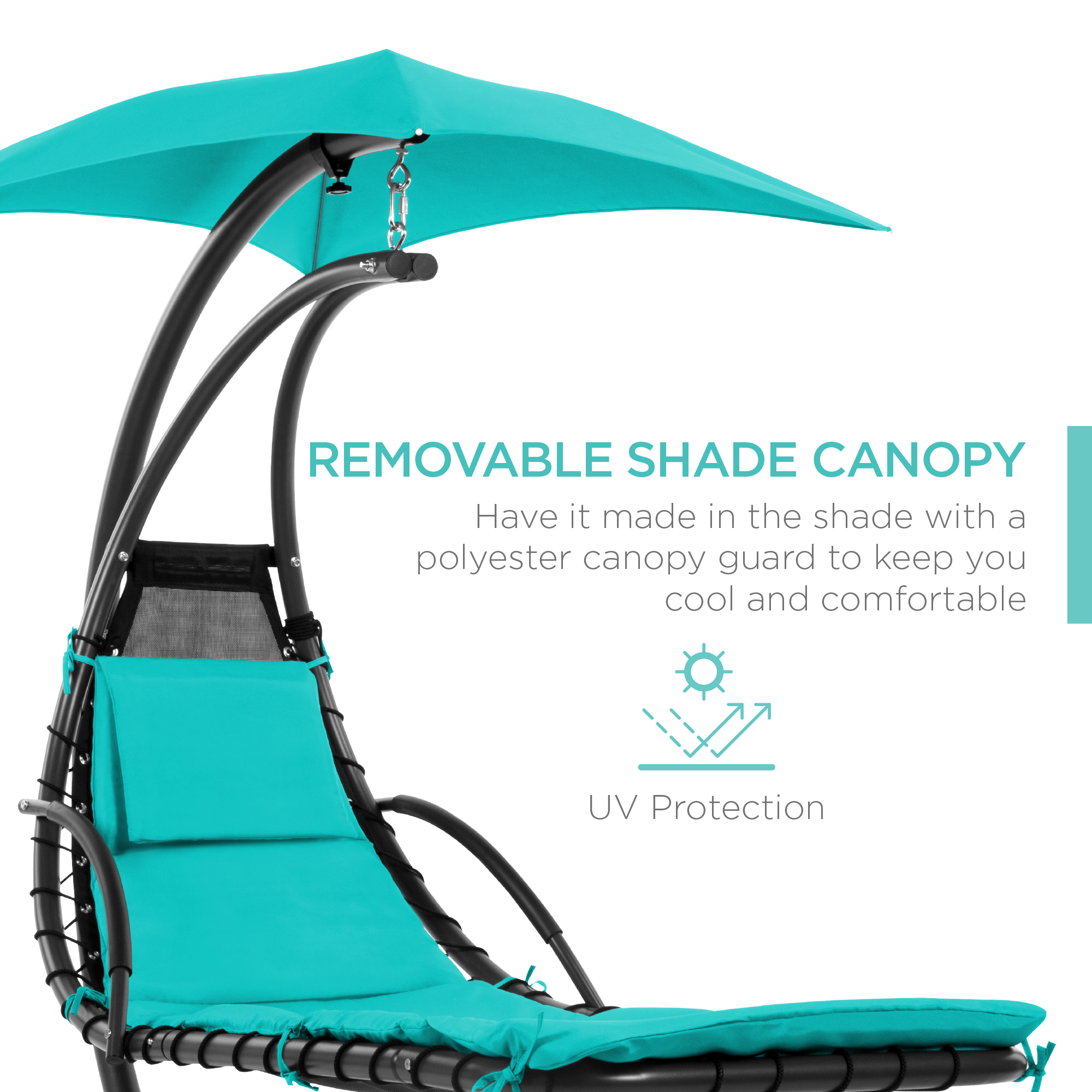 Best Choice Products Hanging Curved Chaise Lounge Chair Swing for Backyard, Patio w/ Pillow, Shade, Stand - Teal - image 4 of 8
