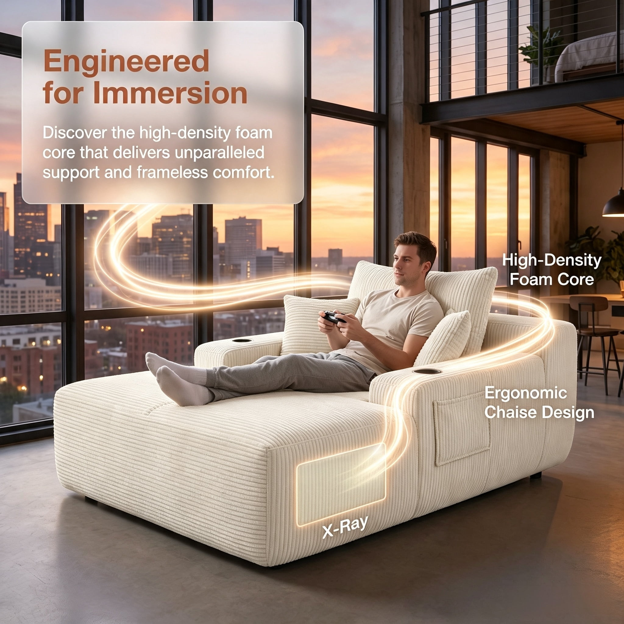 ShiKeyi 65'' Chaise Lounge Chair Indoor, Boneless Sofa Cloud, Plush Corduroy Chaise Couch with Cup Holders, Side Storage Pocket & Pillows, No Assembly Required, Beige