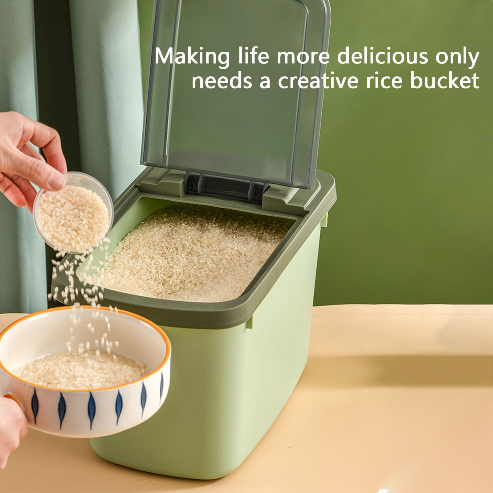 Rice Bucket With Measuring Cup, Large Capacity Cereal Container,  Moisture-proof Insect-proof Sealed Storage Containers For Rice, Cereals,  Grains, Flours, Pet Food, Household Airtight Rice Dispenser, Food Storage  Jar, Home Kitchen Supplies 