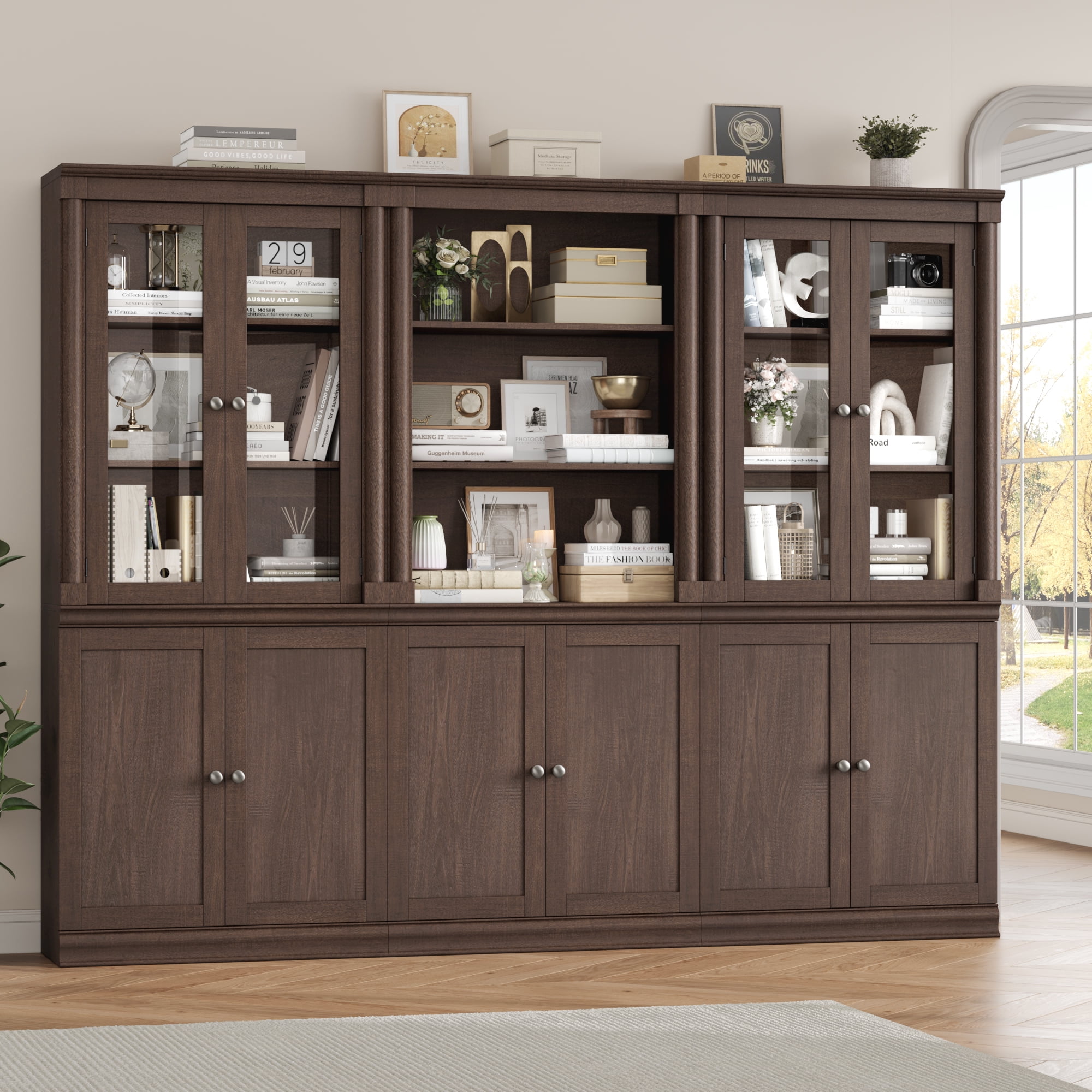 Homfa 71"H Bookcase with Glass Doors, 5 Tier Storage Bookshelf with Adjustable Shelf for Study Home Office,Reddish-Brown