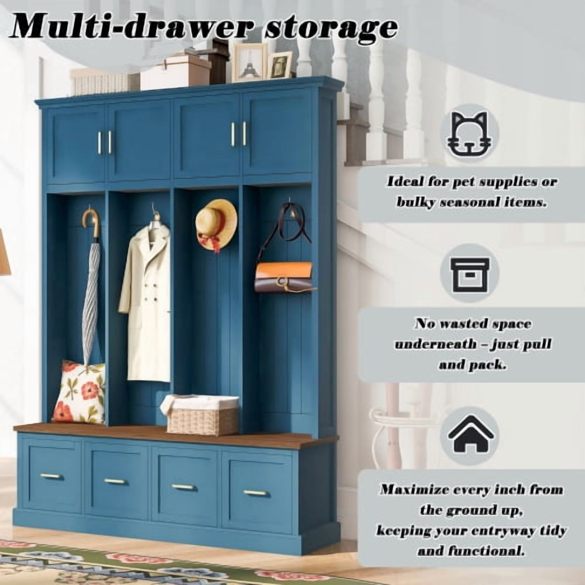 U-Can Farmhouse Entryway Hall Tree with Coat Hooks, Cabinets and Drawers, with Wood Accents and Gold Hardware, Navy Blue