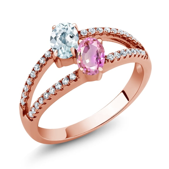 Gem Stone King 1.51 Ct Oval Sky Blue Aquamarine Pink Sapphire 18K Rose Gold Plated Silver Ring (Size 9)
