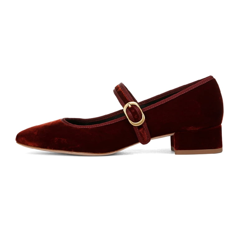 XYD Women Classic Chunky Low Heel Mary Jane Square Closed Toe Buckled Single Strap Pumps Daily Comfy Shoes Size 4 Burgundy