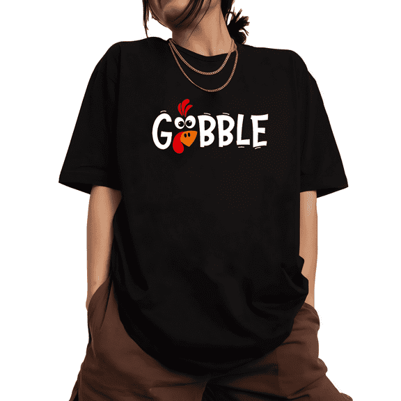 Women's Black Thanksgiving Turkey Gobble Print Tshirt Graphic Tees Shirts S-5XL Fall Holiday Casual Tops