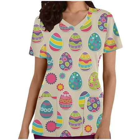 

BKFYDLS Easter Womens Scrubs Tops Summer Clearance Fashion Woman Short Sleeve V-Neck Working Uniform Easter Printing Blouse Causal Pullover Pockets Tops