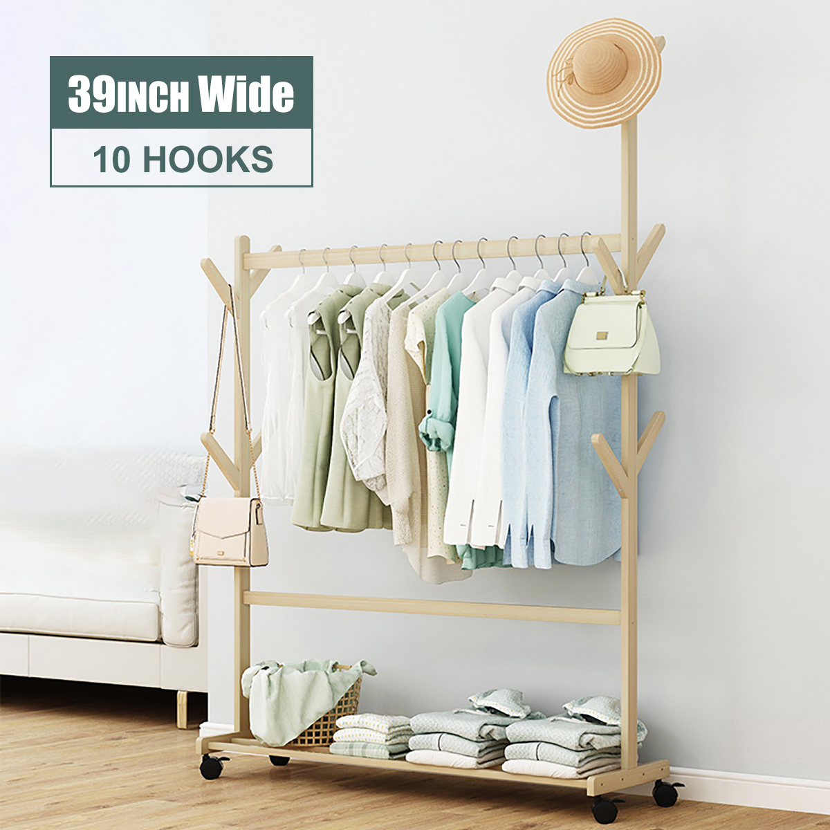 Wood Clothes Rack on Wheels Rolling Garment Rack with 2 ...