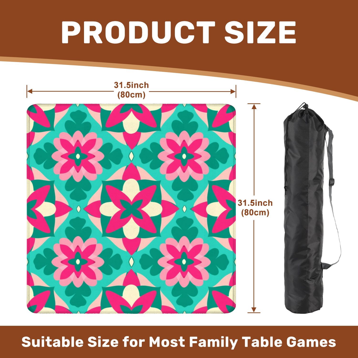 Mahjong Mat 31.5" x 31.5" Colorful Floral Geometric Pink Green Cream Accents Non-Slip Noise Reduction American Mahjong Tiles Table Cover for Dominoes Poker Card Board Games Gift